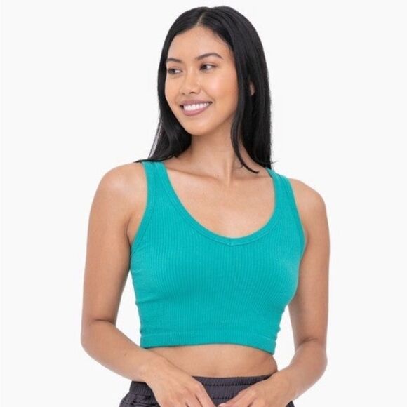 Mono B Tops - Mono B Small Teal Ribbed‎ Cropped Tank Top